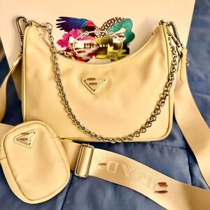 Beige Shoulder Bag with Chain Detail